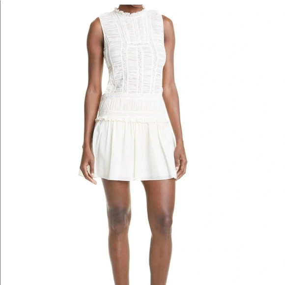 Rebecca Taylor Ruched Lace Inset Cotton Dress New Ivory Size 10 - Picture 1 of 11